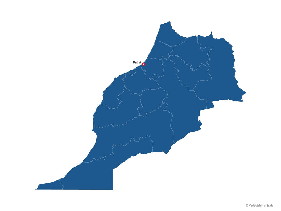 Vektor-Landkarte von Marokko, ohne Westsahara (Einfarbig mit Hauptstadt und Regionen)