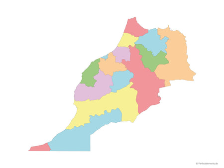 Vektor-Landkarte von Marokko, ohne Westsahara (Mehrfarbig mit Regionen)