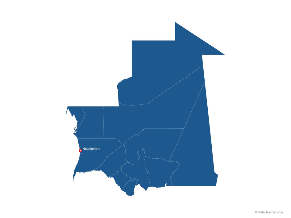 Vektor-Landkarte von Mauretanien (Einfarbig mit Hauptstadt und Regionen)