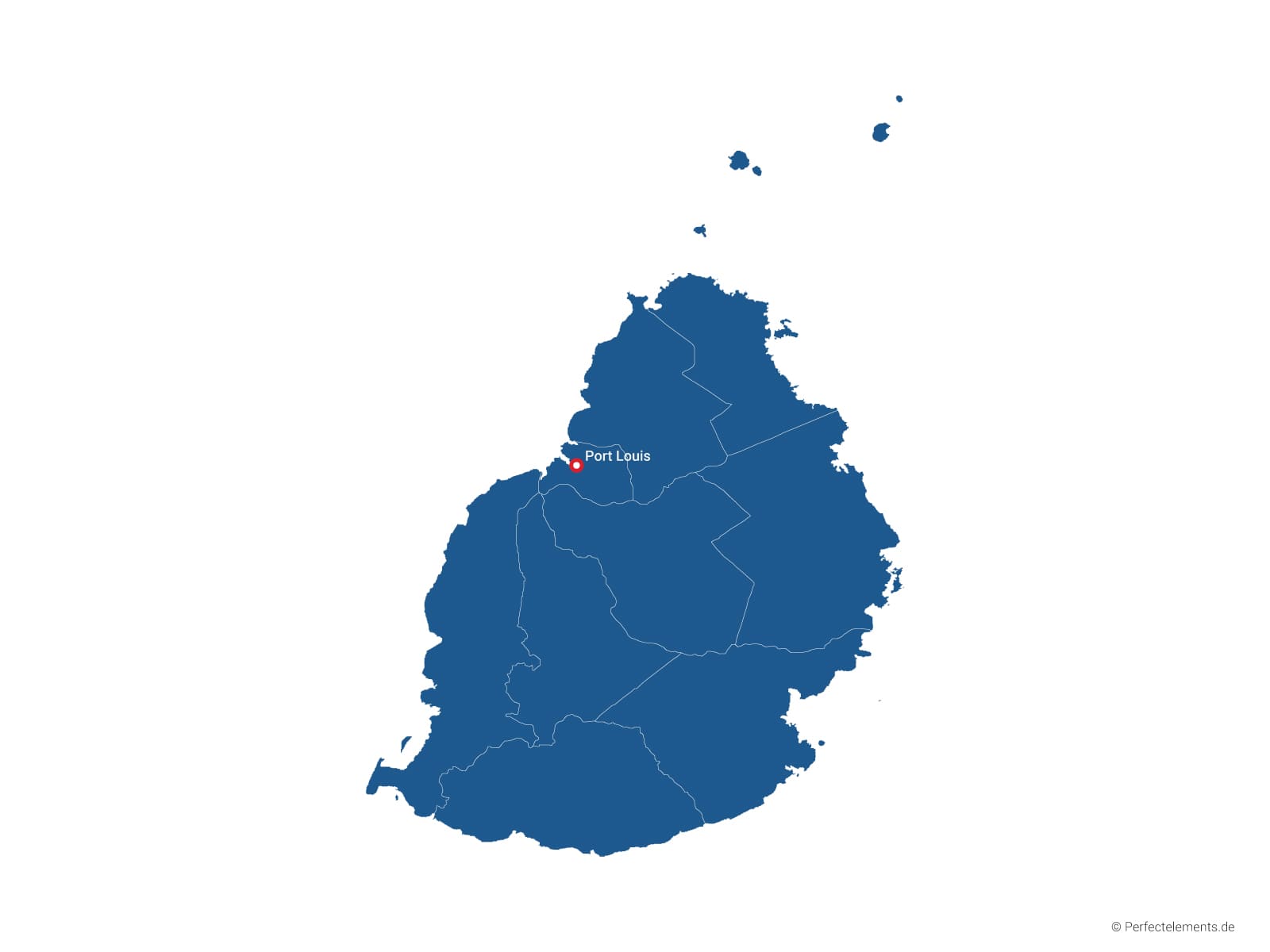 Vektor-Landkarte von Mauritius, Hauptinsel (Einfarbig mit Hauptstadt und Regionen)