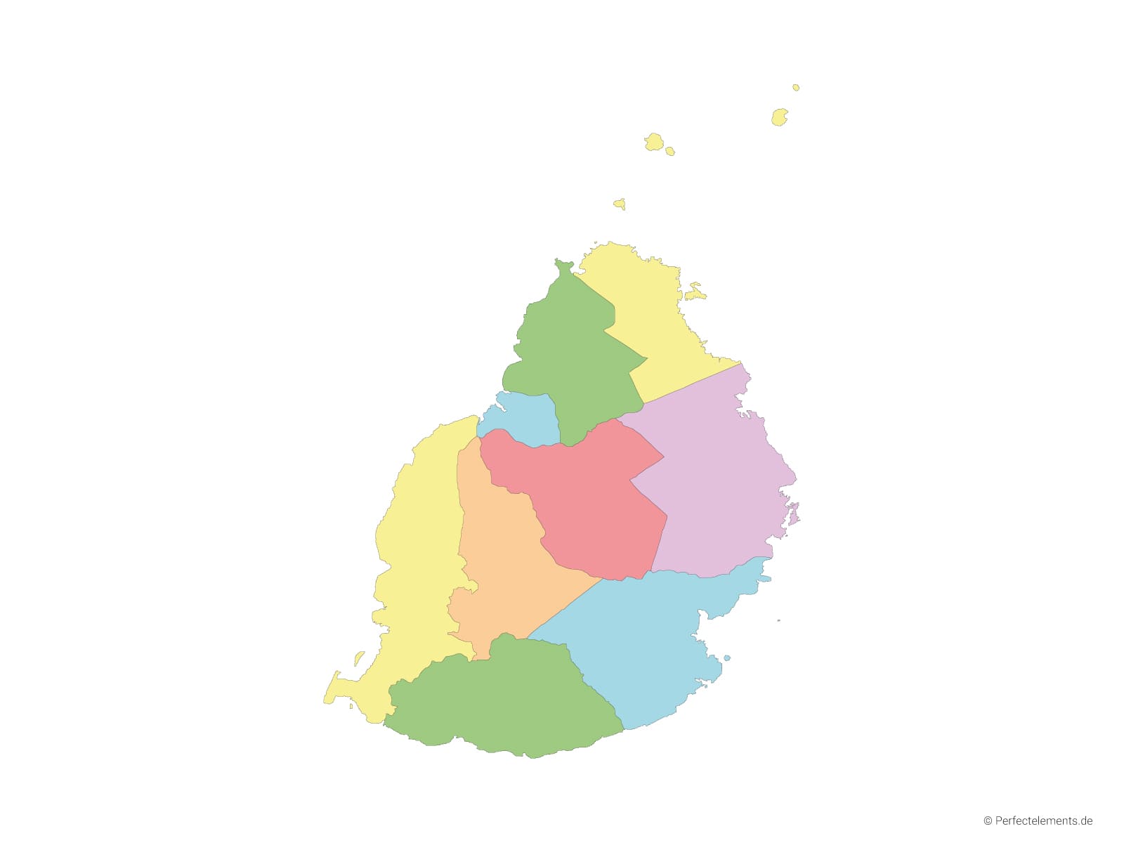 Vektor-Landkarte von Mauritius, Hauptinsel (Mehrfarbig mit Regionen)