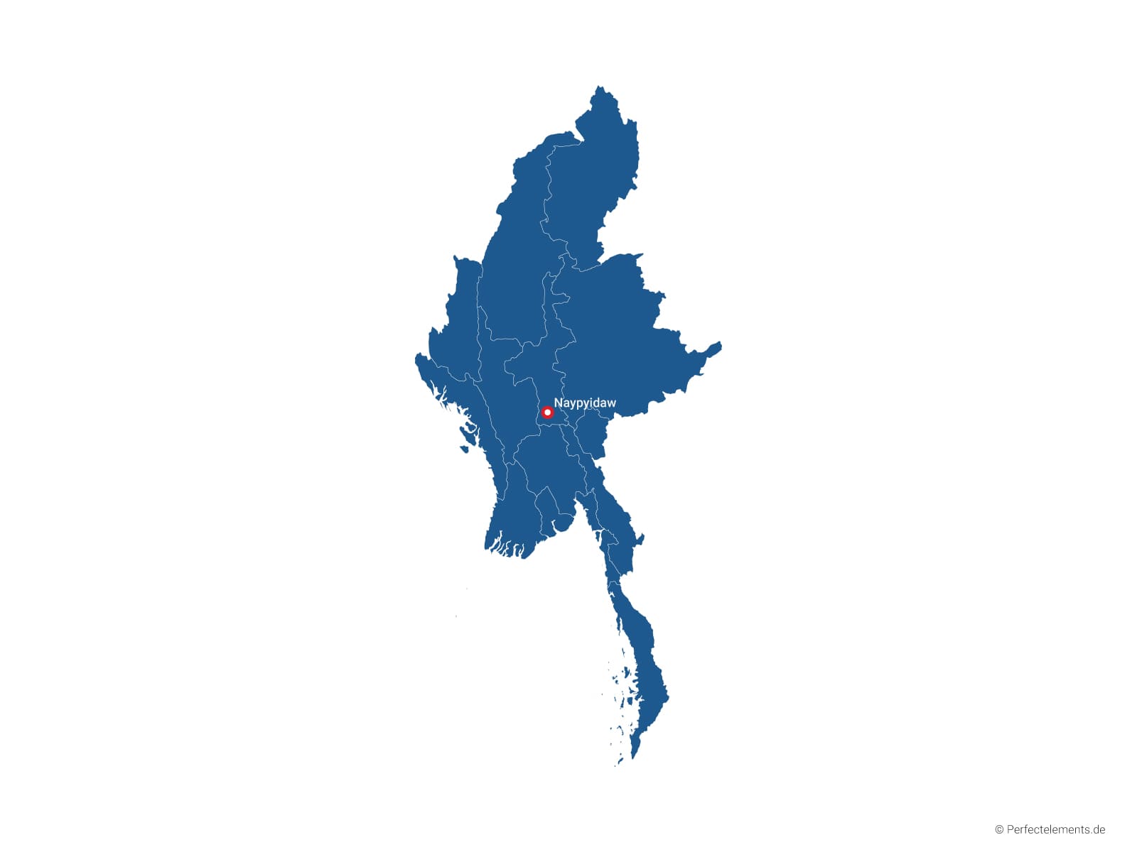 Vektor-Landkarte von Myanmar (Einfarbig mit Hauptstadt und Regionen)