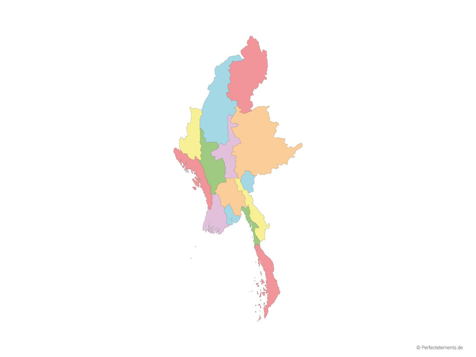 Vektor-Landkarte von Myanmar (Mehrfarbig mit Regionen)