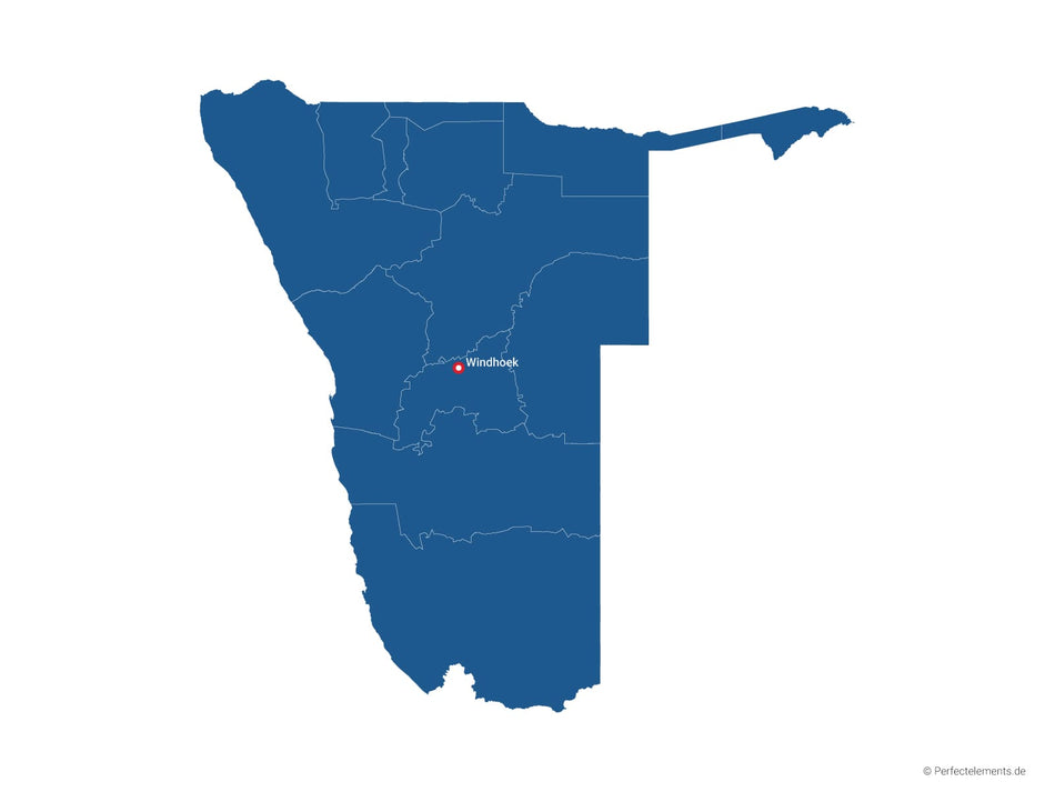 Vektor-Landkarte von Namibia (Einfarbig mit Hauptstadt und Regionen)