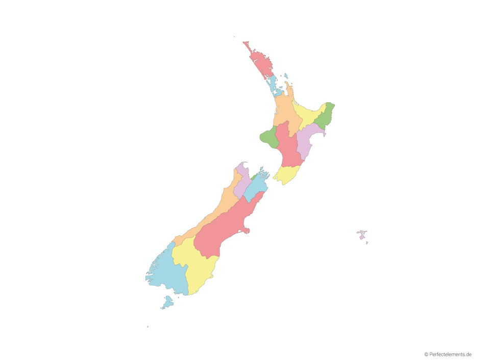 Vektor-Landkarte von Neuseeland (Mehrfarbig mit Regionen)