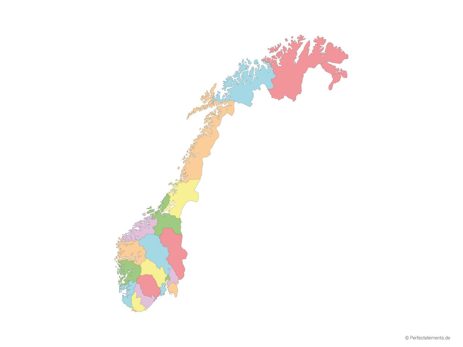 Vektor-Landkarte von Norwegen (Mehrfarbig mit Regionen)