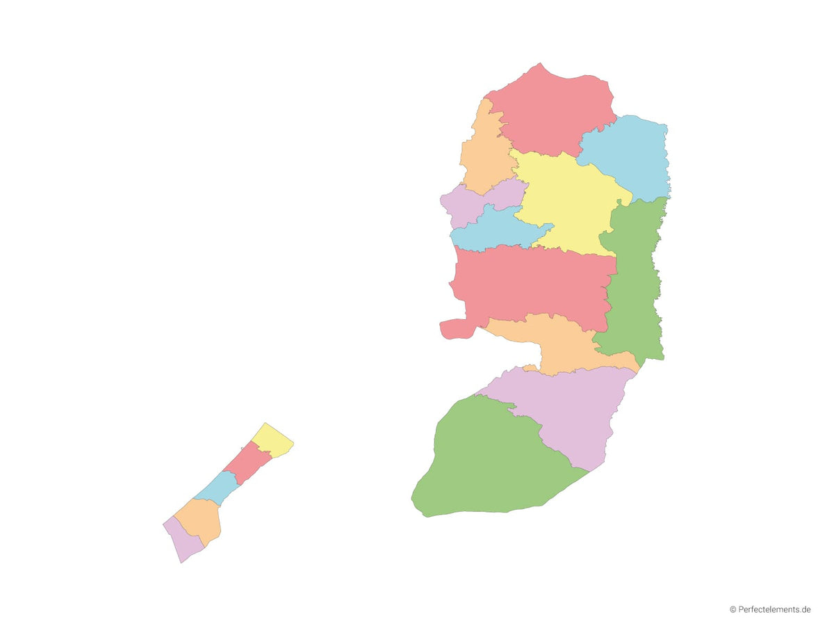 Vektor-Landkarte von Palästina (Mehrfarbig mit Regionen)