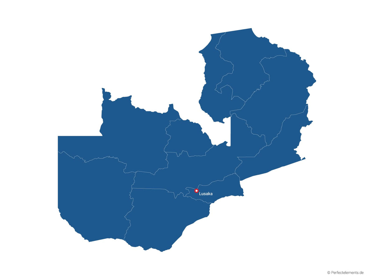 Vektor-Landkarte von Sambia (Einfarbig mit Hauptstadt und Regionen)