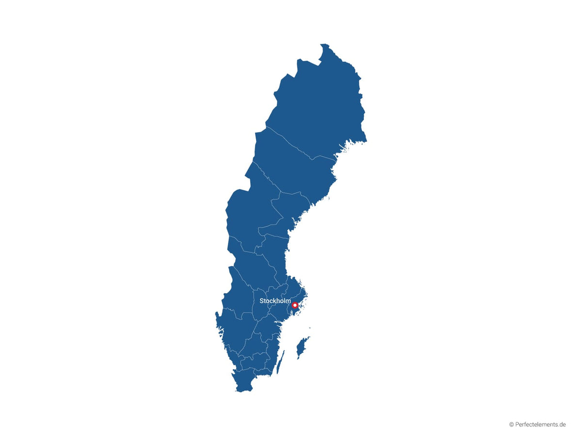 Vektor-Landkarte von Schweden (Einfarbig mit Hauptstadt und Regionen)