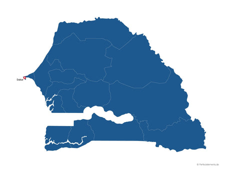 Vektor-Landkarte vom Senegal (Einfarbig mit Hauptstadt und Regionen)