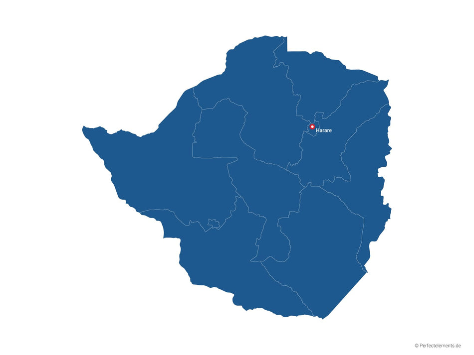 Vektor-Landkarte von Simbabwe (Einfarbig mit Hauptstadt und Regionen)