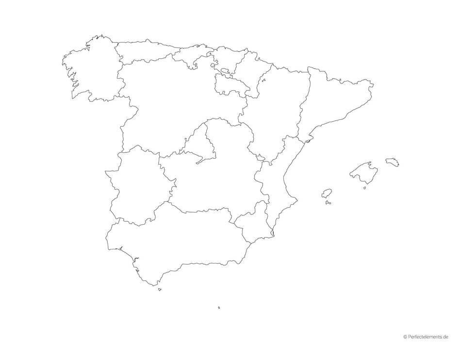 Vektor-Landkarte von Spanien, ohne Kanaren (Outline mit Regionen)