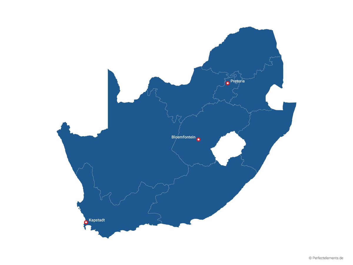 Vektor-Landkarte von Südafrika (Einfarbig mit Hauptstadt und Regionen)