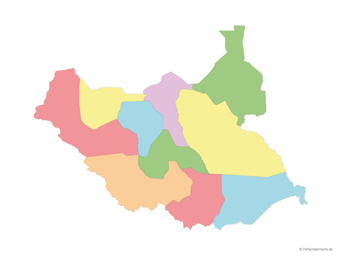 Vektor-Landkarte vom Südsudan (Mehrfarbig mit Regionen)