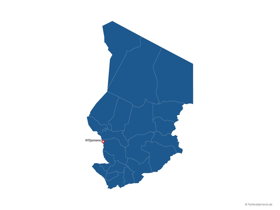 Vektor-Landkarte vom Tschad (Einfarbig mit Hauptstadt und Regionen)