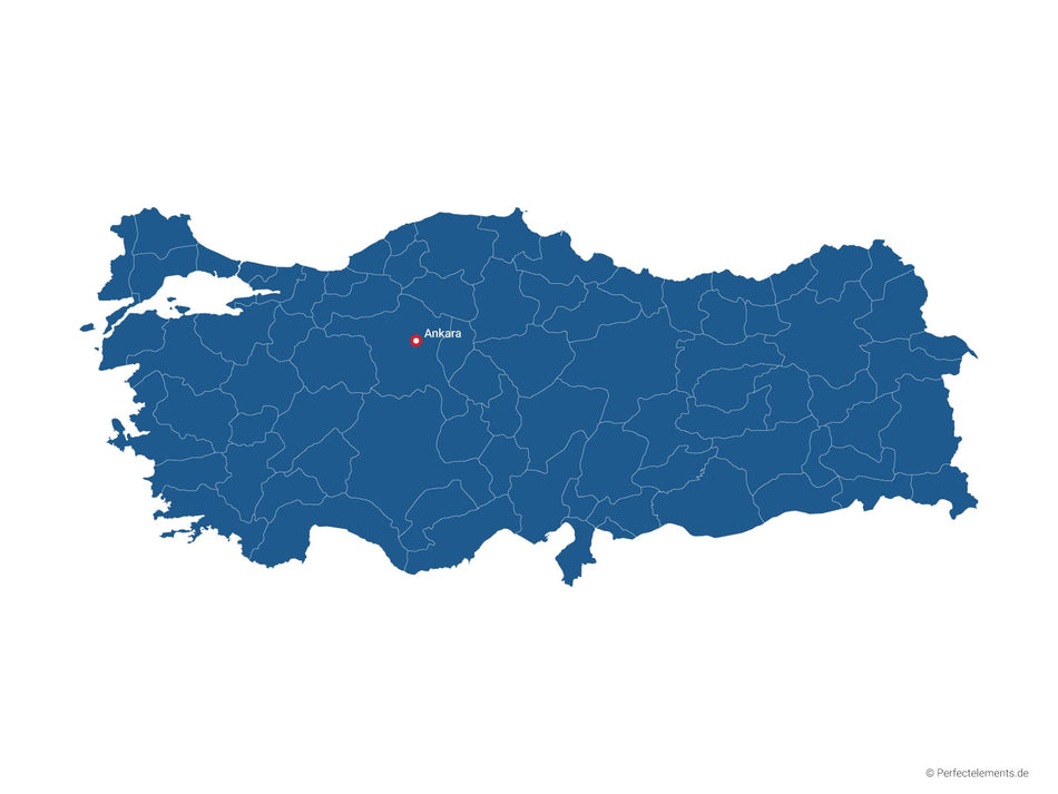 Vektor-Landkarte der Türkei (Einfarbig mit Hauptstadt und Regionen)