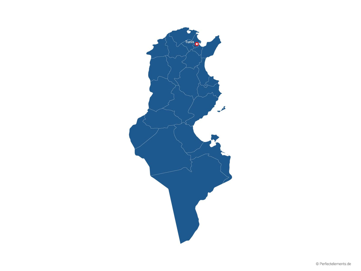 Vektor-Landkarte von Tunesien (Einfarbig mit Hauptstadt und Regionen)