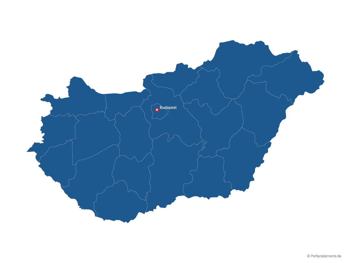 Vektor-Landkarte von Ungarn (Einfarbig mit Hauptstadt und Regionen)