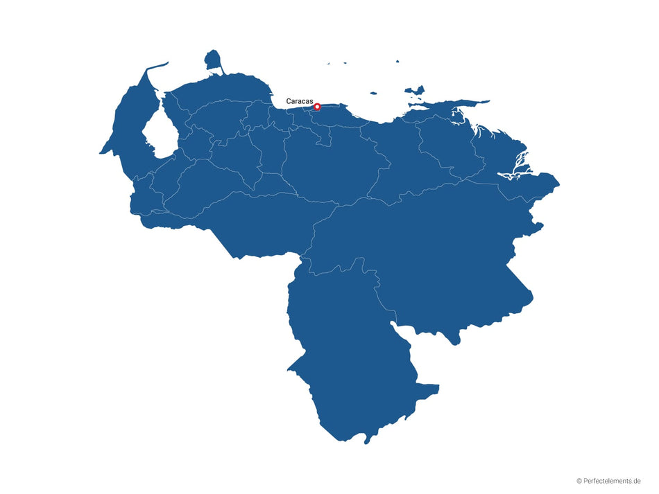 Vektor-Landkarte von Venezuela (Einfarbig mit Hauptstadt und Regionen)