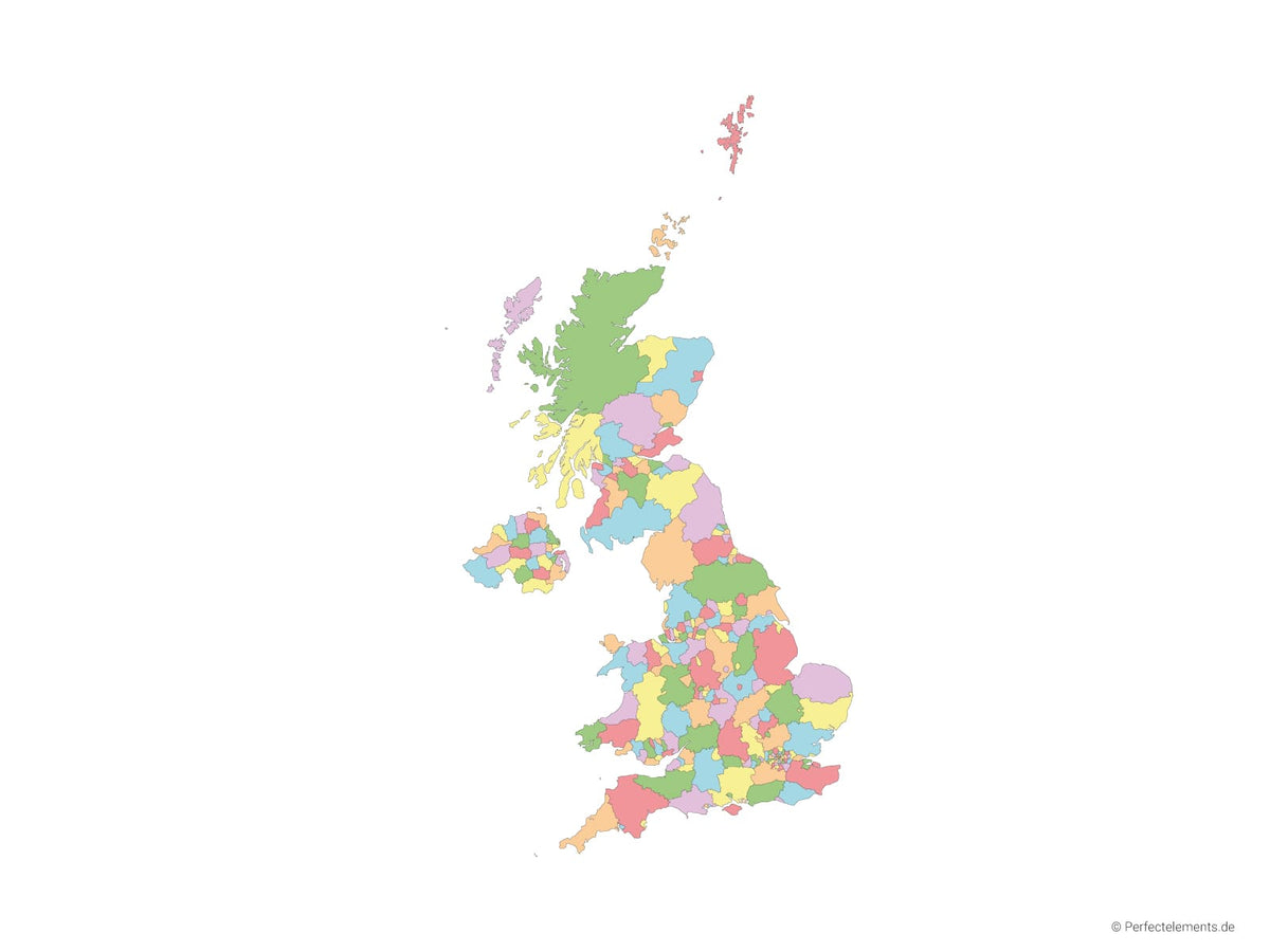 Vektor-Landkarte vom Vereinigten Königreich (Mehrfarbig mit Regionen)