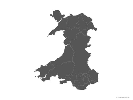 Vektor-Landkarte von Wales (Einfarbig mit Regionen)