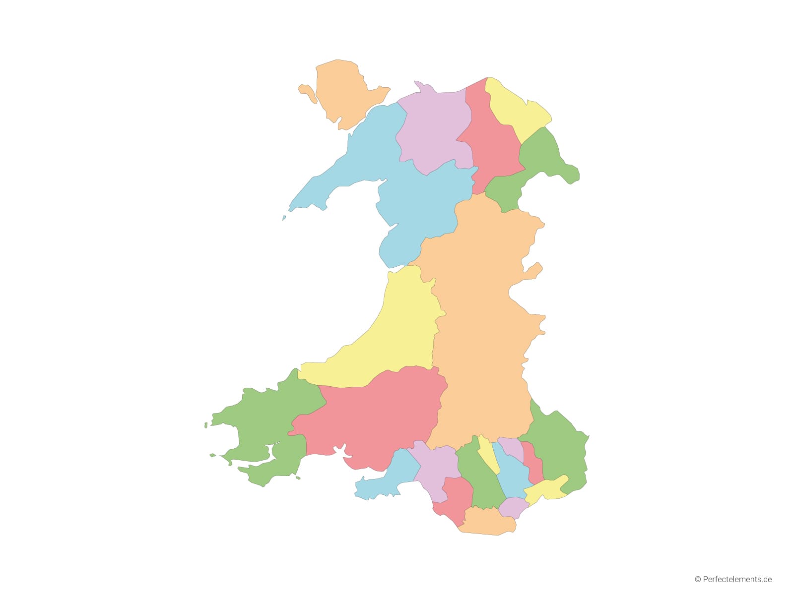 Vektor-Landkarte von Wales (Mehrfarbig mit Regionen)